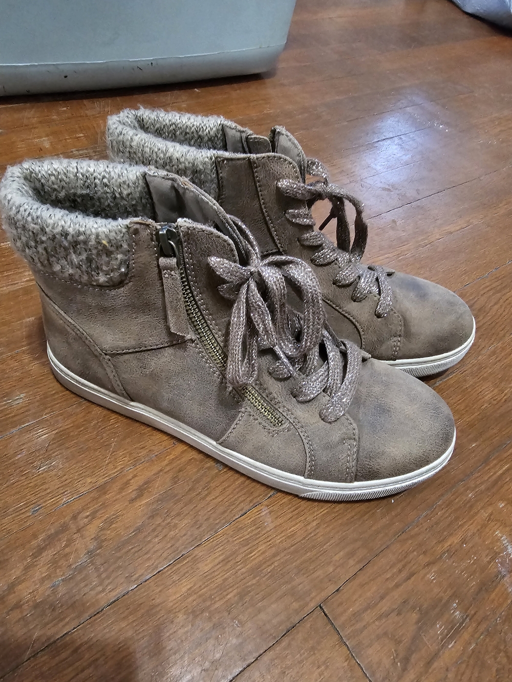 Taupe Knit-Collar High-Top Sneakers